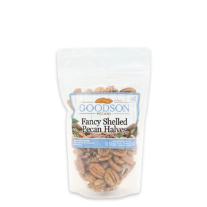 Bag of 8oz Goodson Fancy Shelled Pecan Halves on a white background
