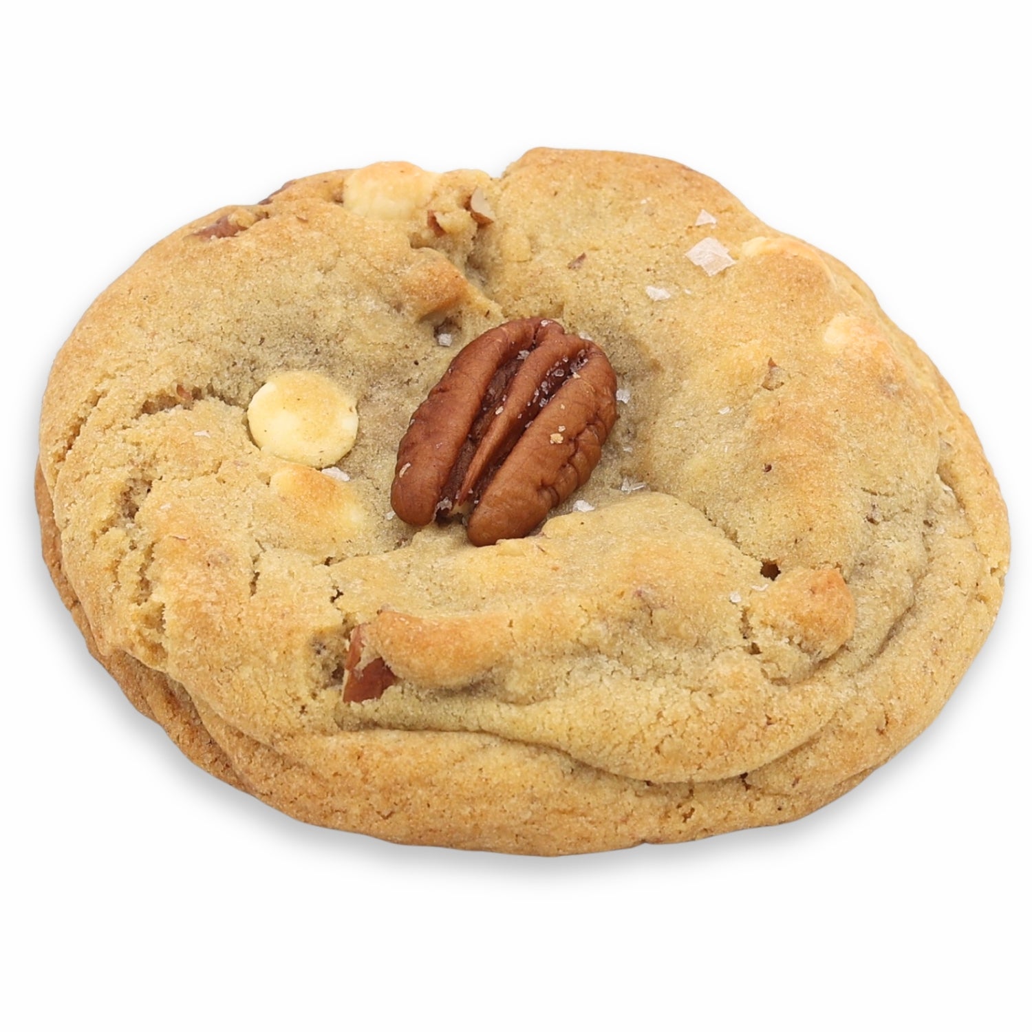 Cookie with a pecan and white chocolate chips on a white background