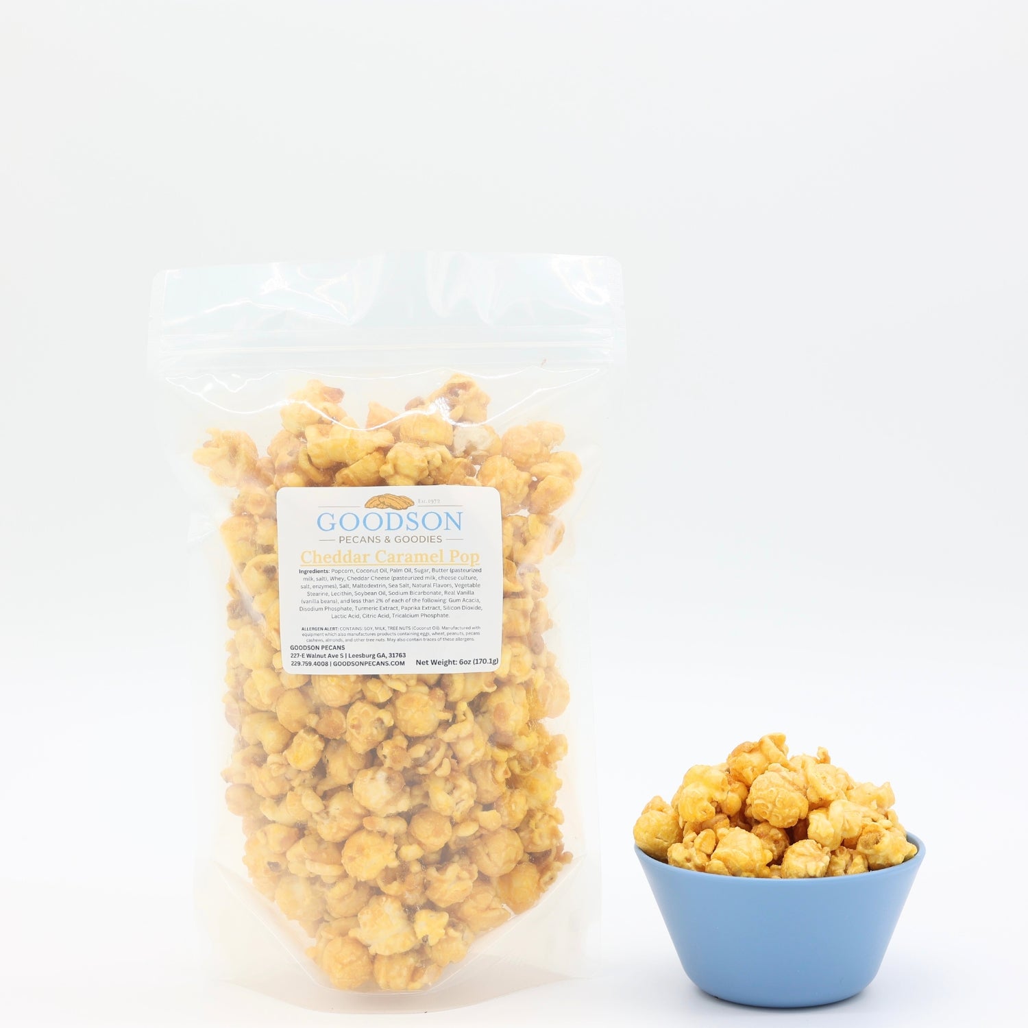 6oz bag of popcorn with a label and a bowl of popcorn on a white background