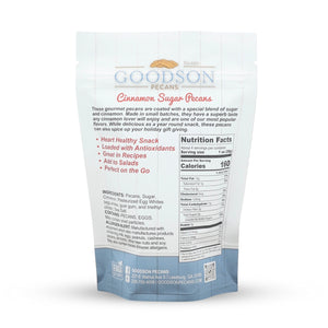 Godoson Pecans Cinnamon Sugar Pecans packaging with nutritional information on a white background