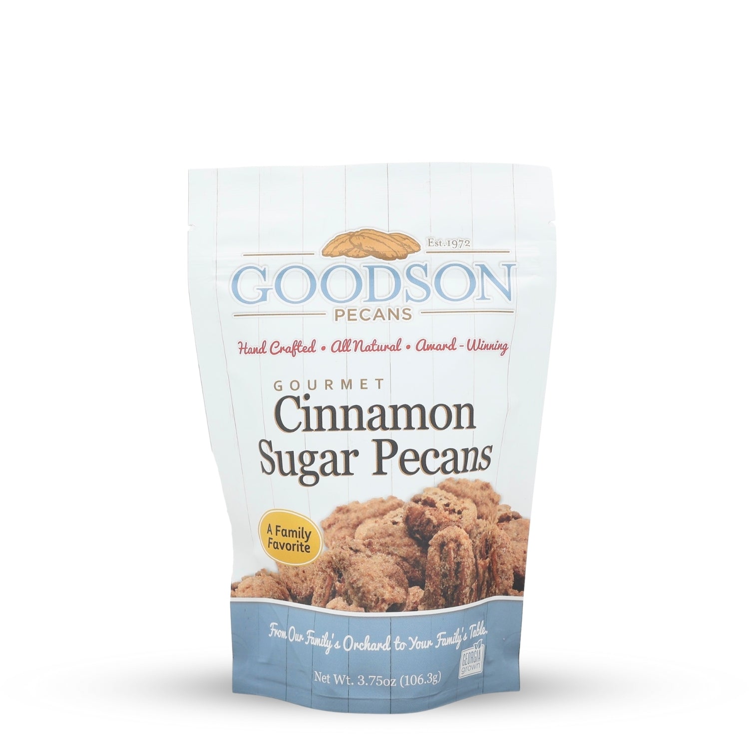 Goodson Pecans Gourmet Cinnamon Sugar Pecans 3.75oz packaging on a white background