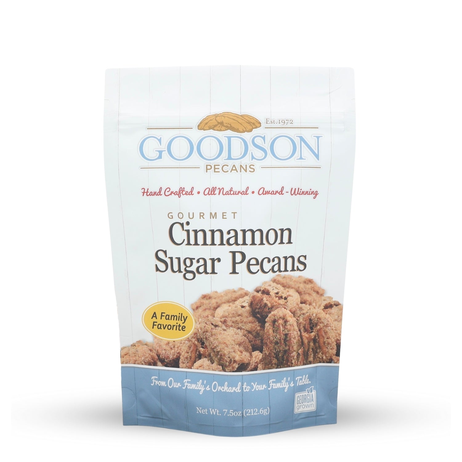 Goodson Pecans Gourmet Cinnamon Sugar Pecans 7.5oz packaging on a white background