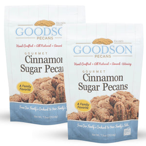 Two packages of Goodson Pecans Gourmet Cinnamon Sugar Pecans 7.5oz on a white background
