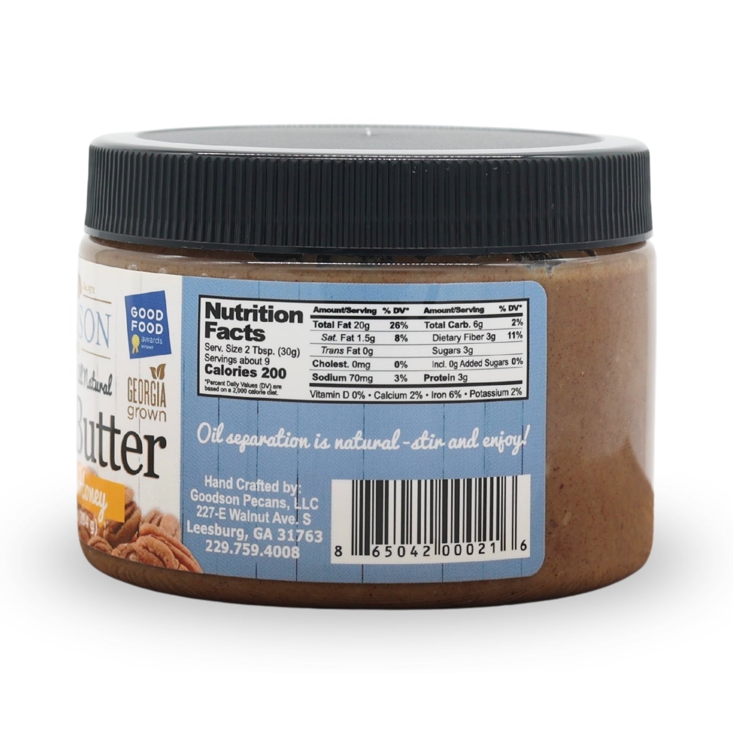 Jar of Goodson Creamy with Honey Pecan Butter label showing nutrition facts on a white background