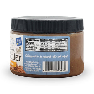 Jar of Goodson Creamy with Honey Pecan Butter label showing nutrition facts on a white background