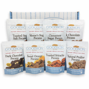 Assorted packages of Goodson Pecans on a white background