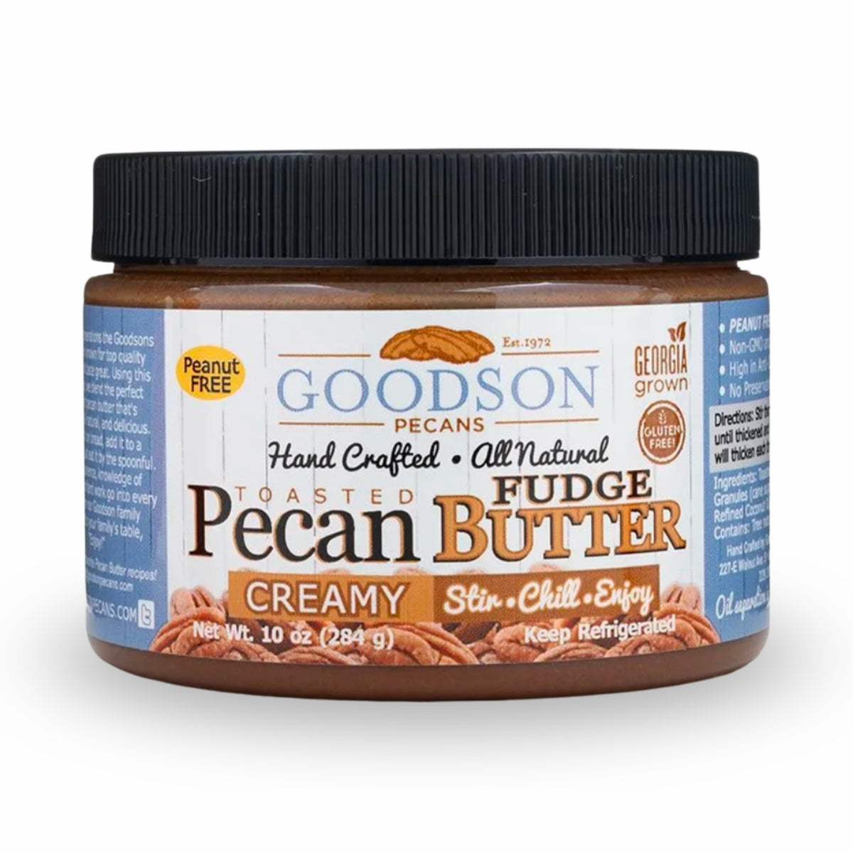 Jar of Goodson Pecans toasted fudge pecan butter on a white background