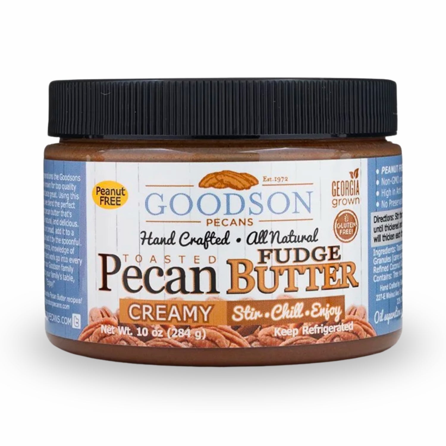 Jar of Goodson Pecans toasted fudge pecan butter on a white background