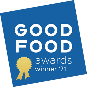 Good Food Awards winner '21 logo with blue background and gold ribbon