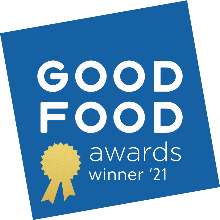Good Food Awards winner '21 logo with blue background and gold ribbon