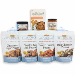 Assorted snack items including pecans, cheese straws, and other packaged goods on a white background