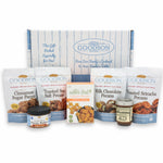 Goodson Pecans gift set with various pecan products, a box of Southern Straws Cheese Straws, a jar of Greenway Farms Peach Pepper Jelly, and a box on a white background.