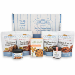 Goodson Pecans gift set with various pecan products and a branded box on a white background.