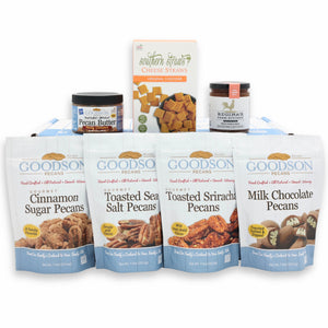 Assorted snack items including Goodson pecans and Regina's pecans on a white background