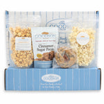 Goodson Pecans snack box with popcorn, cookies, and pecans on a white background
