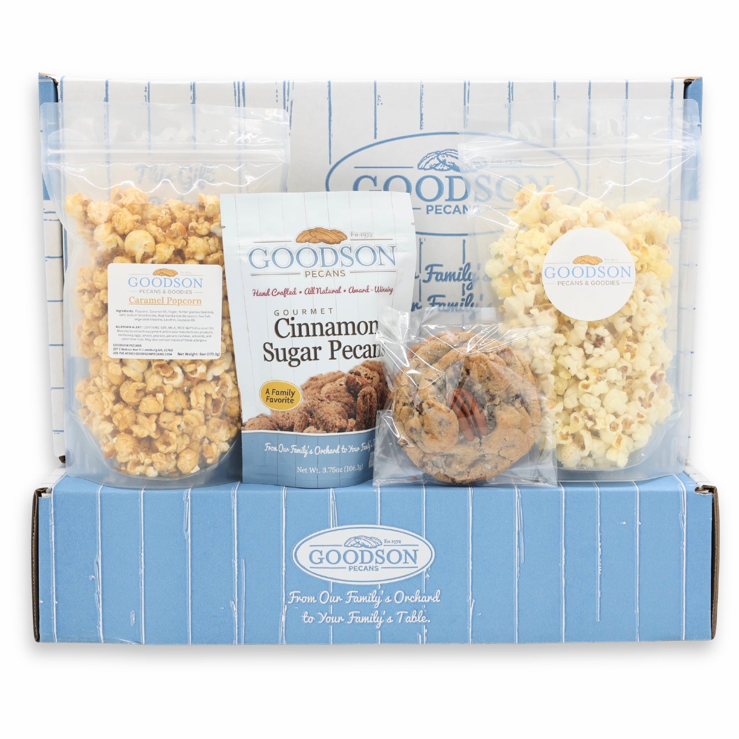 Goodson Pecans snack box with popcorn, cookies, and pecans on a white background