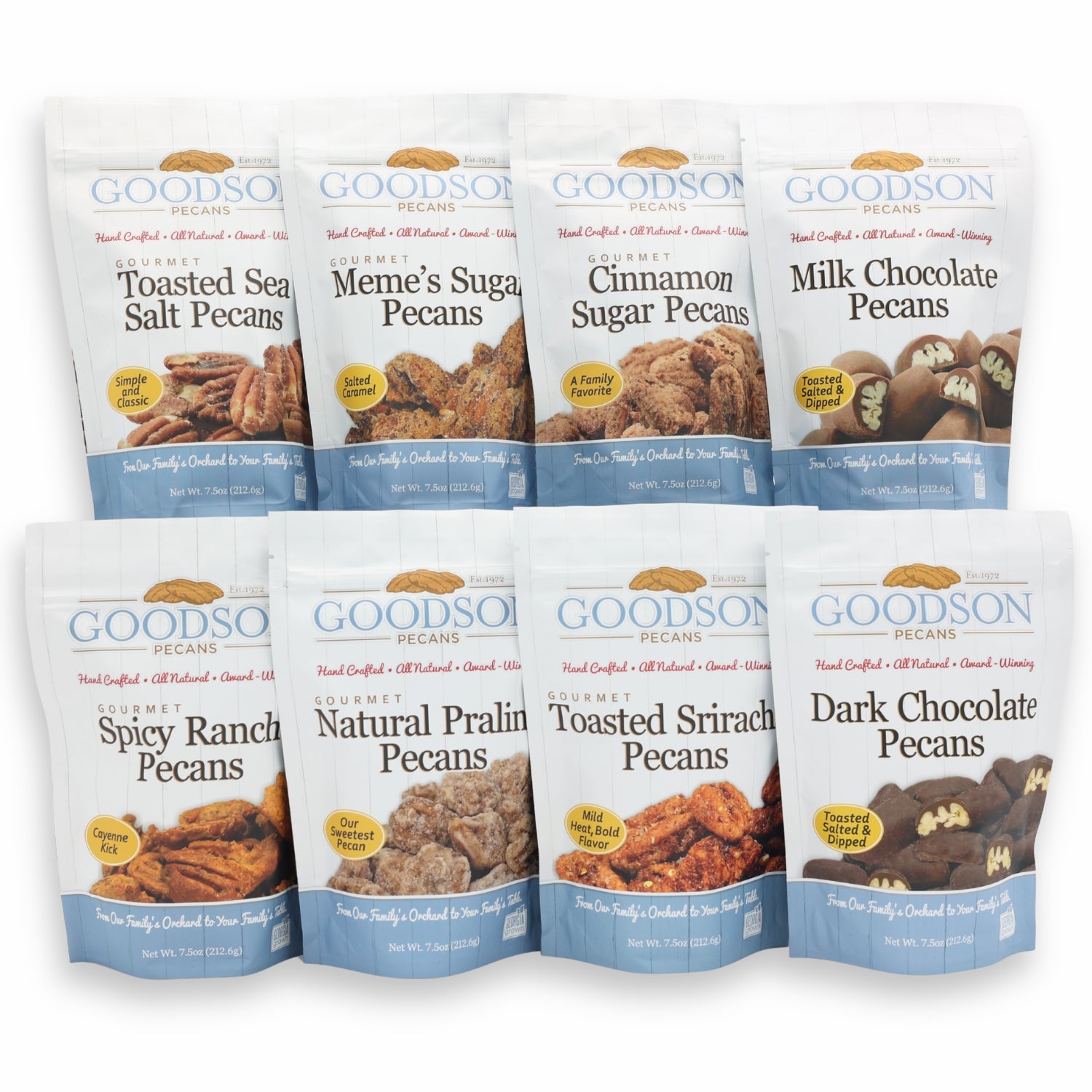 Assorted packages of Goodson Pecans on a white background