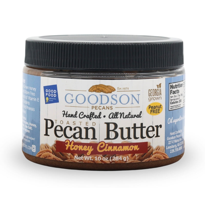 10oz Jar of Goodson Pecan Butter Honey Cinnamon flavor on a white background