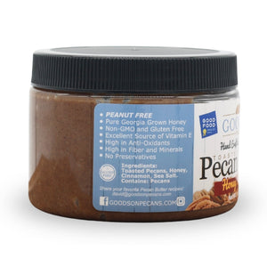 Jar of Goodson Honey Cinnamon Pecan Butter with a label showing Ingredients and branding.