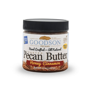 4oz Jar of Goodson Pecan Butter Honey Cinnamon flavor on a white background