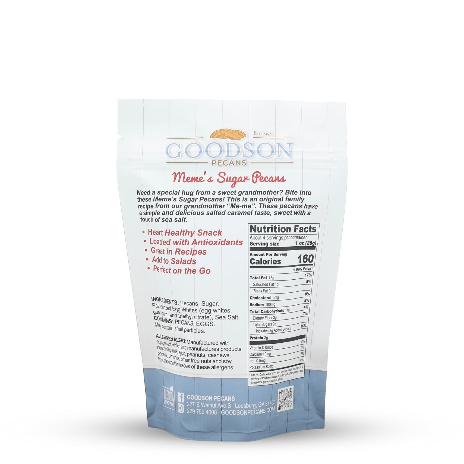 Goodson Pecans 3.75oz Meme's Sugar packaging with text and nutrition facts on a white background