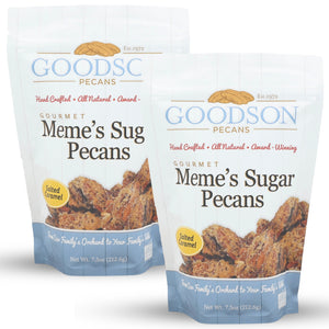 Two 7.5oz packages of Goodson Pecans with 'Meme's Sugar Pecans' on a white background