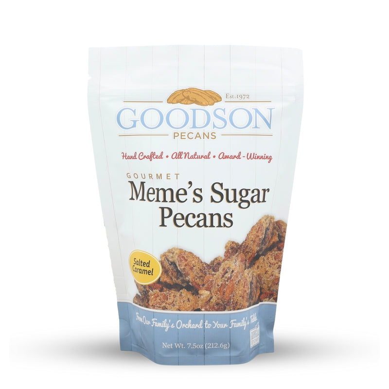 Goodson Pecans Meme's Sugar Pecans 7.5oz packaging on a white background