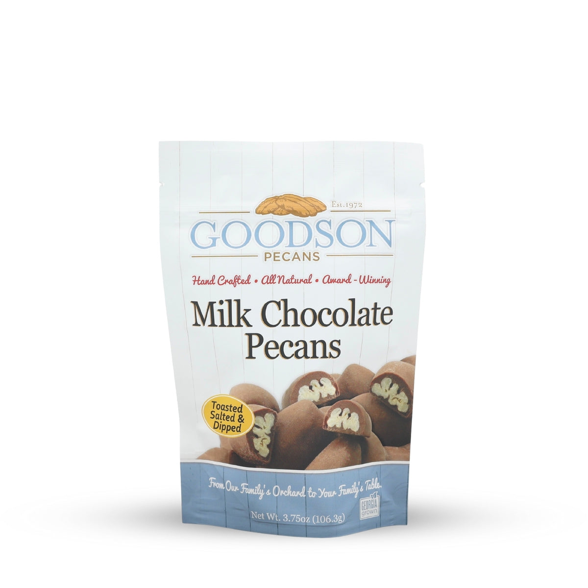 Goodson Pecans Milk Chocolate Pecans 3.75oz packaging on a white background