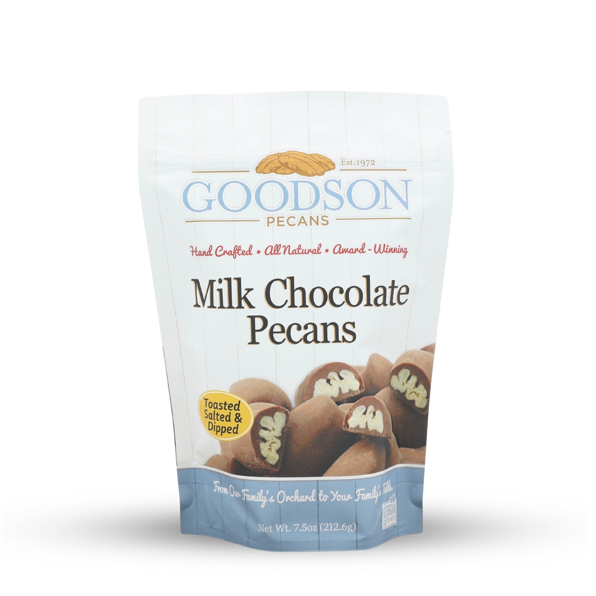 Goodson Pecans milk chocolate pecans 7.5oz packaging on a white background