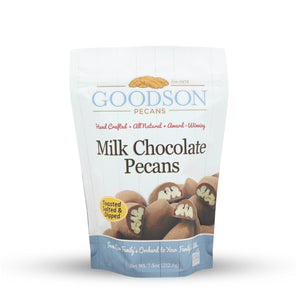 Goodson Pecans milk chocolate pecans 7.5oz packaging on a white background