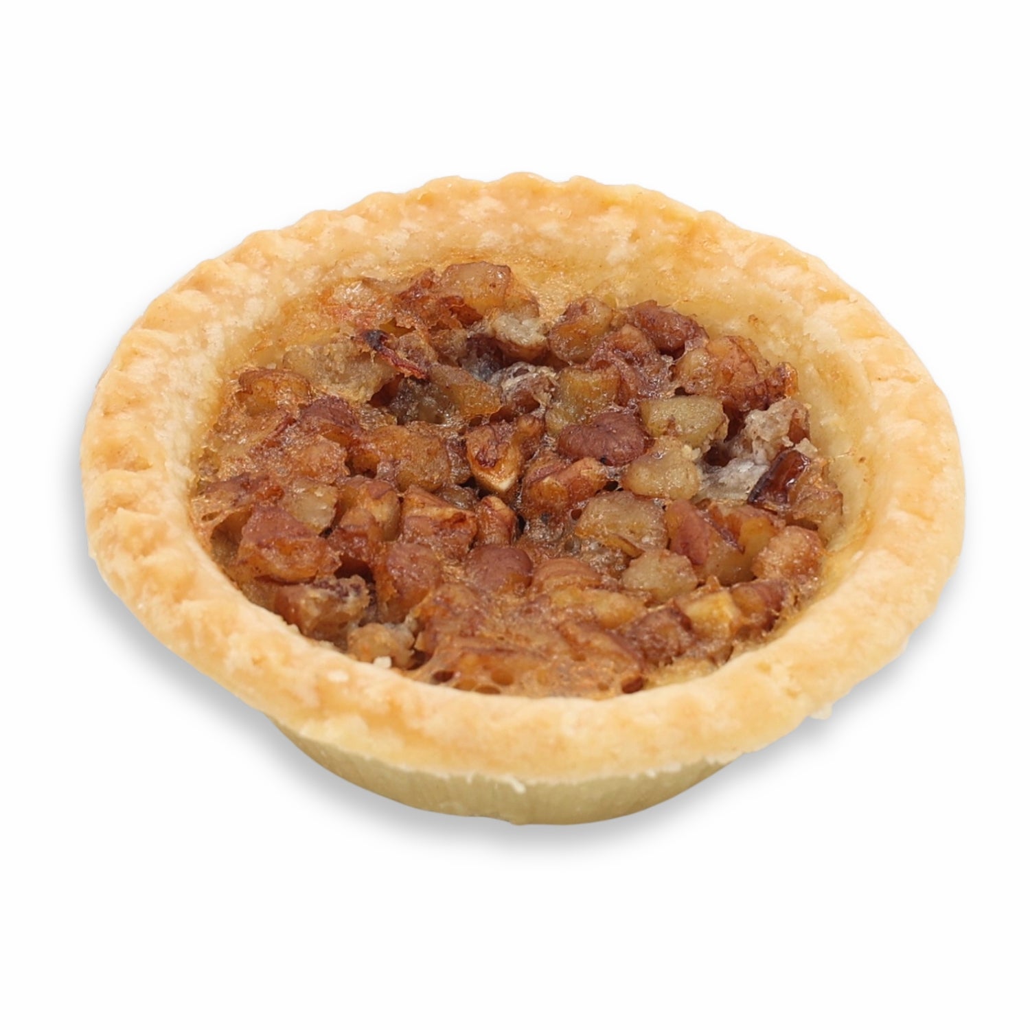 Miniature pecan pie with a golden crust on a white background