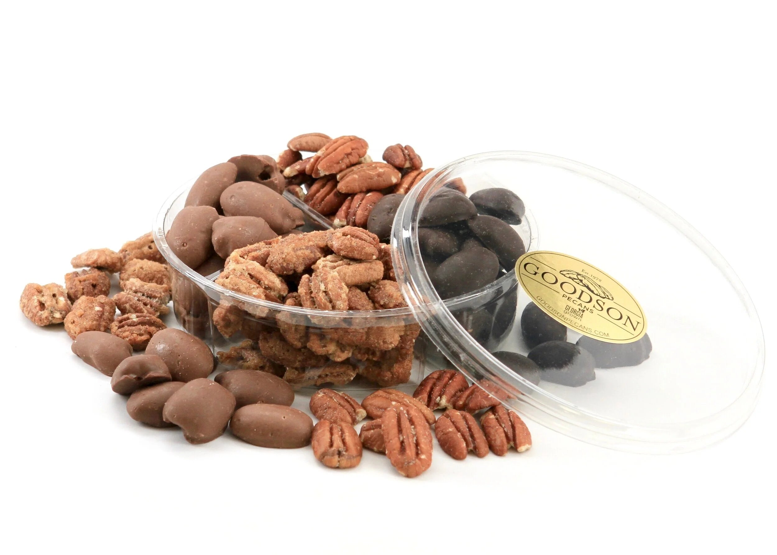 Assorted shelled pecans in a clear container with a Goodson label on a white background.