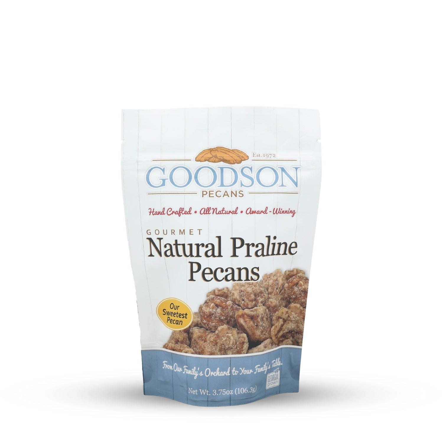 Goodson Pecans 3.75oz bag of natural praline pecans on a white background