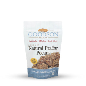 Goodson Pecans 3.75oz bag of natural praline pecans on a white background