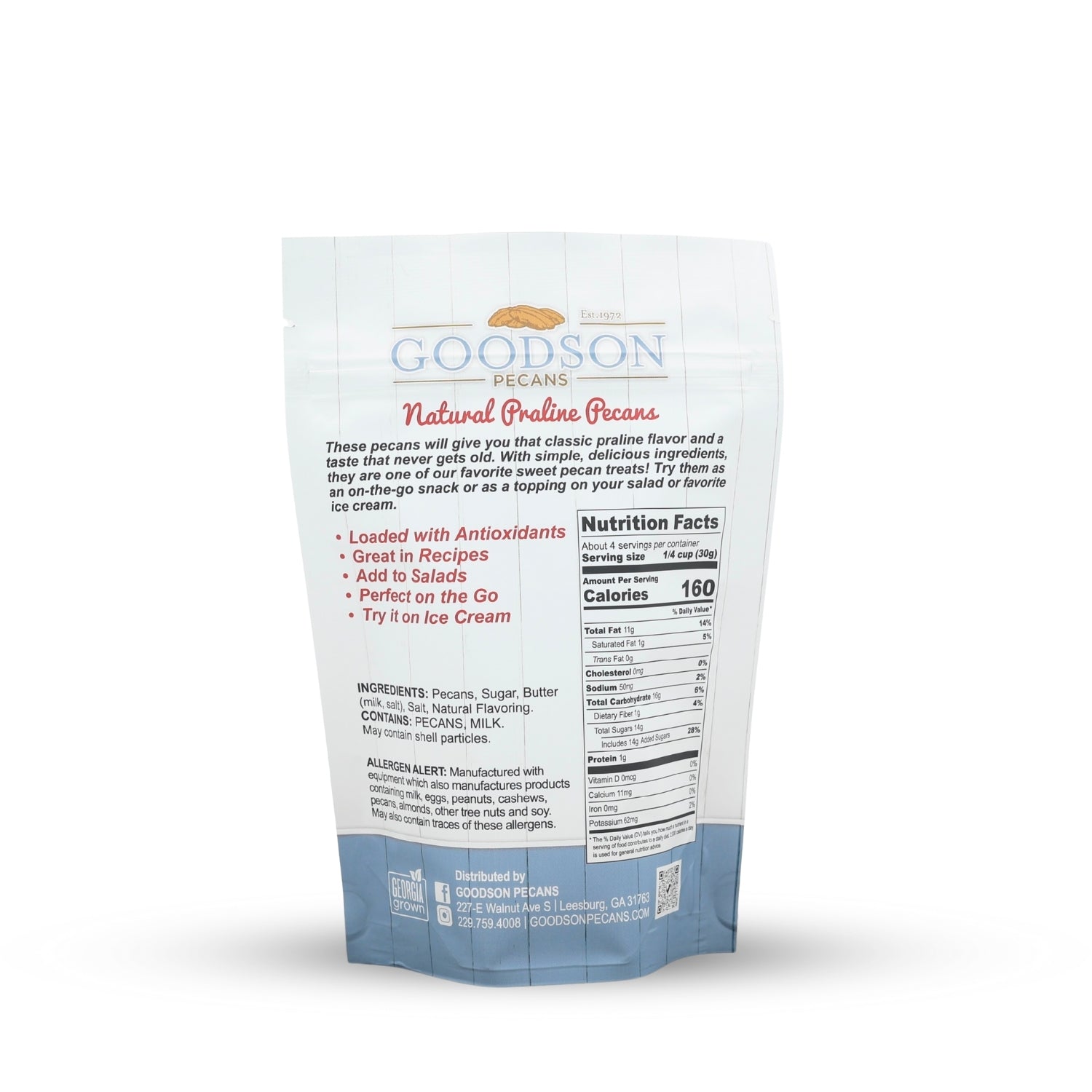 Goodson Pecans 3.75oz Natural Praline packaging with text and nutrition facts on a white background