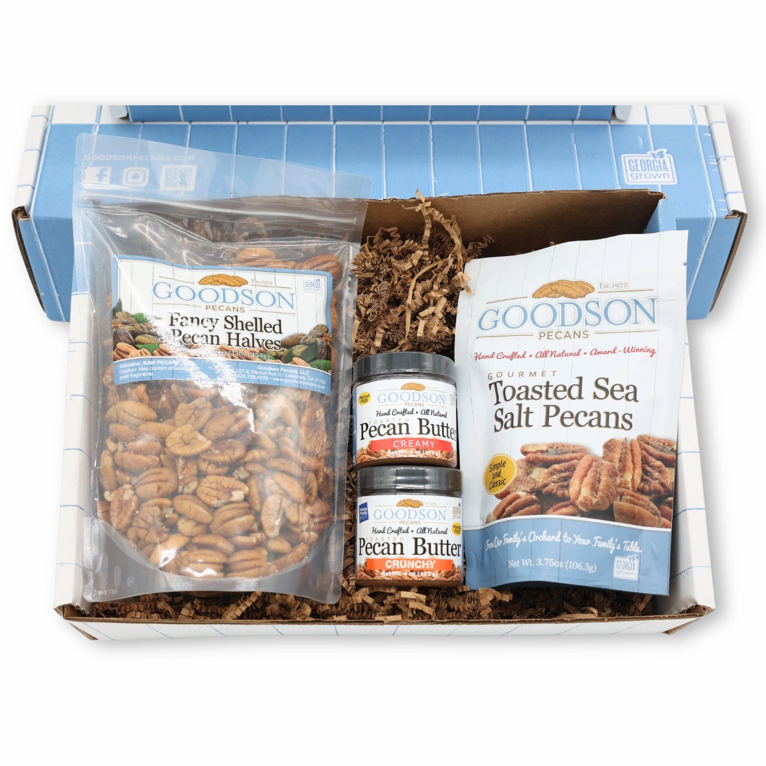 Goodson pecans and pecan butter in a packaging box on a white background