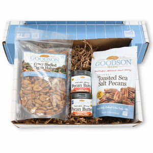 Goodson pecans and pecan butter in a packaging box on a white background