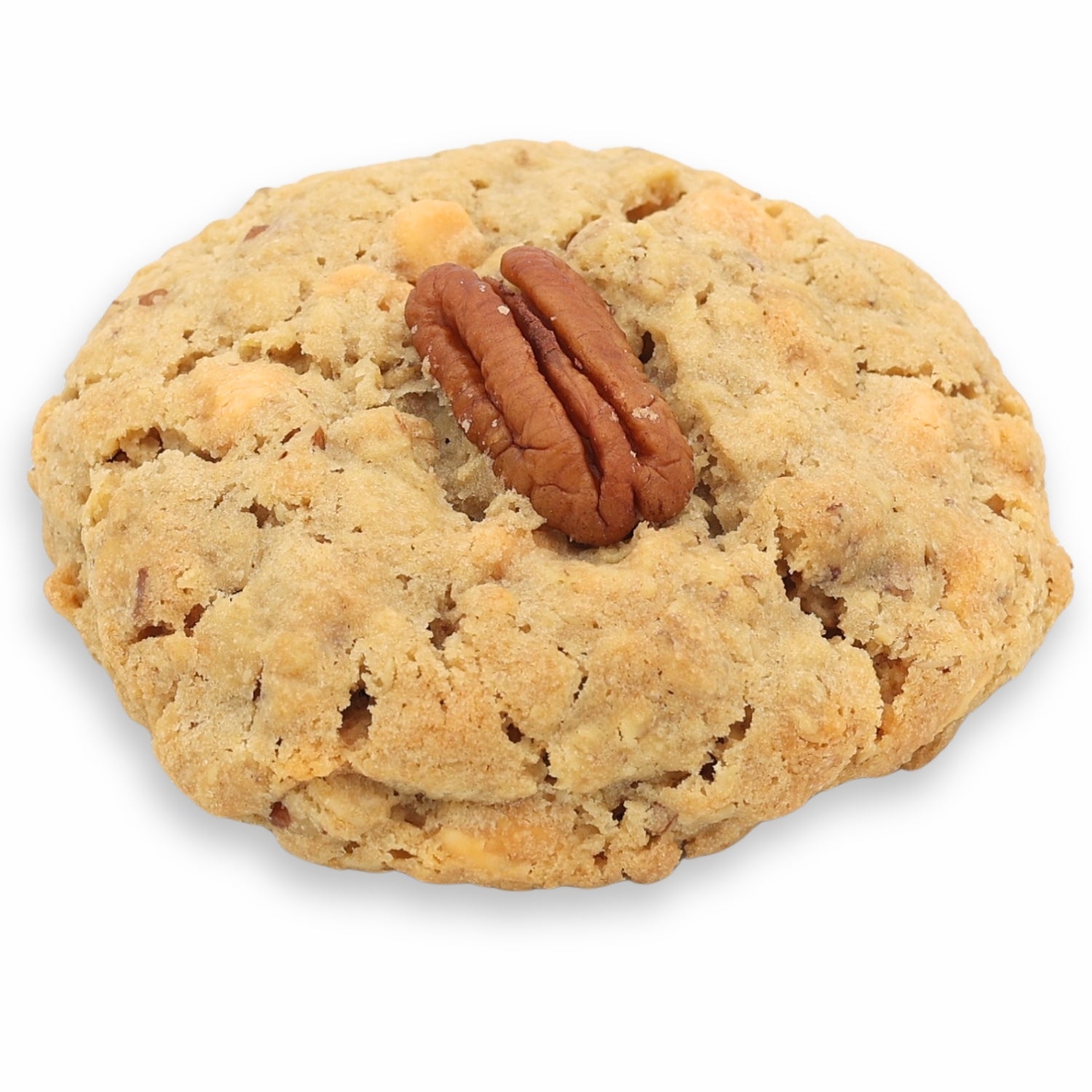 Cookie with a pecan on top against a white background