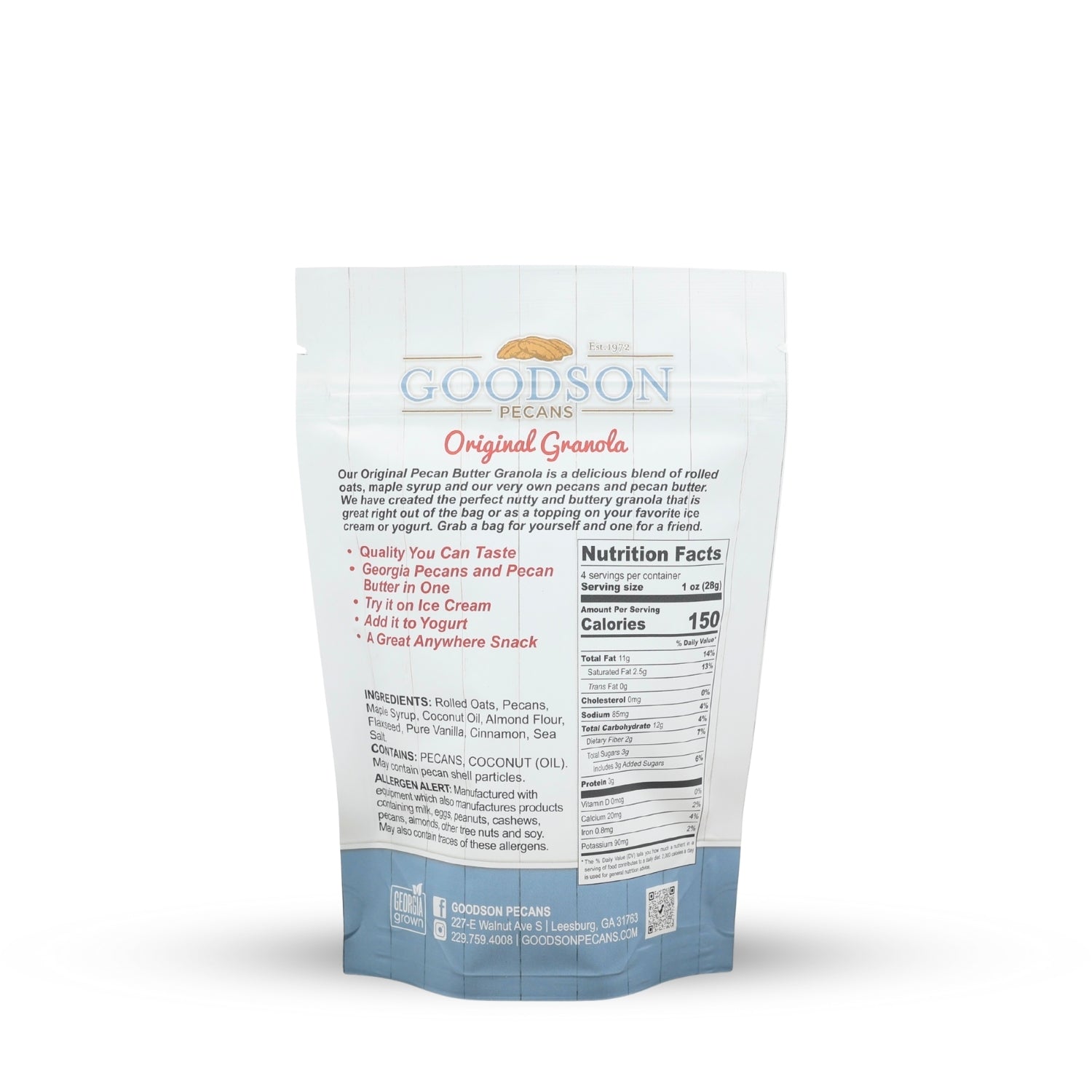 Goodson Pecans Original Granola 4oz packaging with nutritional information on a white background