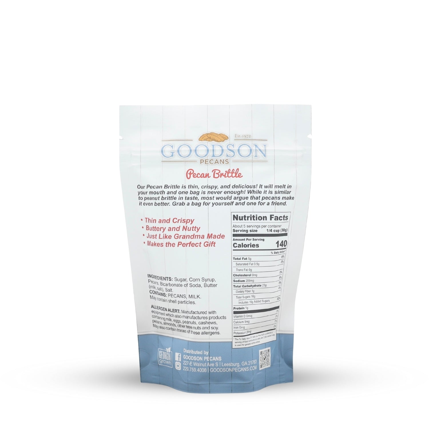 Goodson Pecans pecan brittle 5.5oz package with nutritional information on a white background