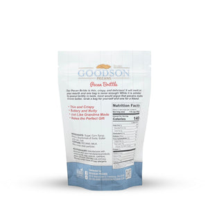 Goodson Pecans pecan brittle 5.5oz package with nutritional information on a white background