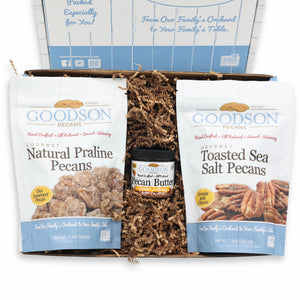 Goodson Pecans gift set with pecans and pecan butter on a white background