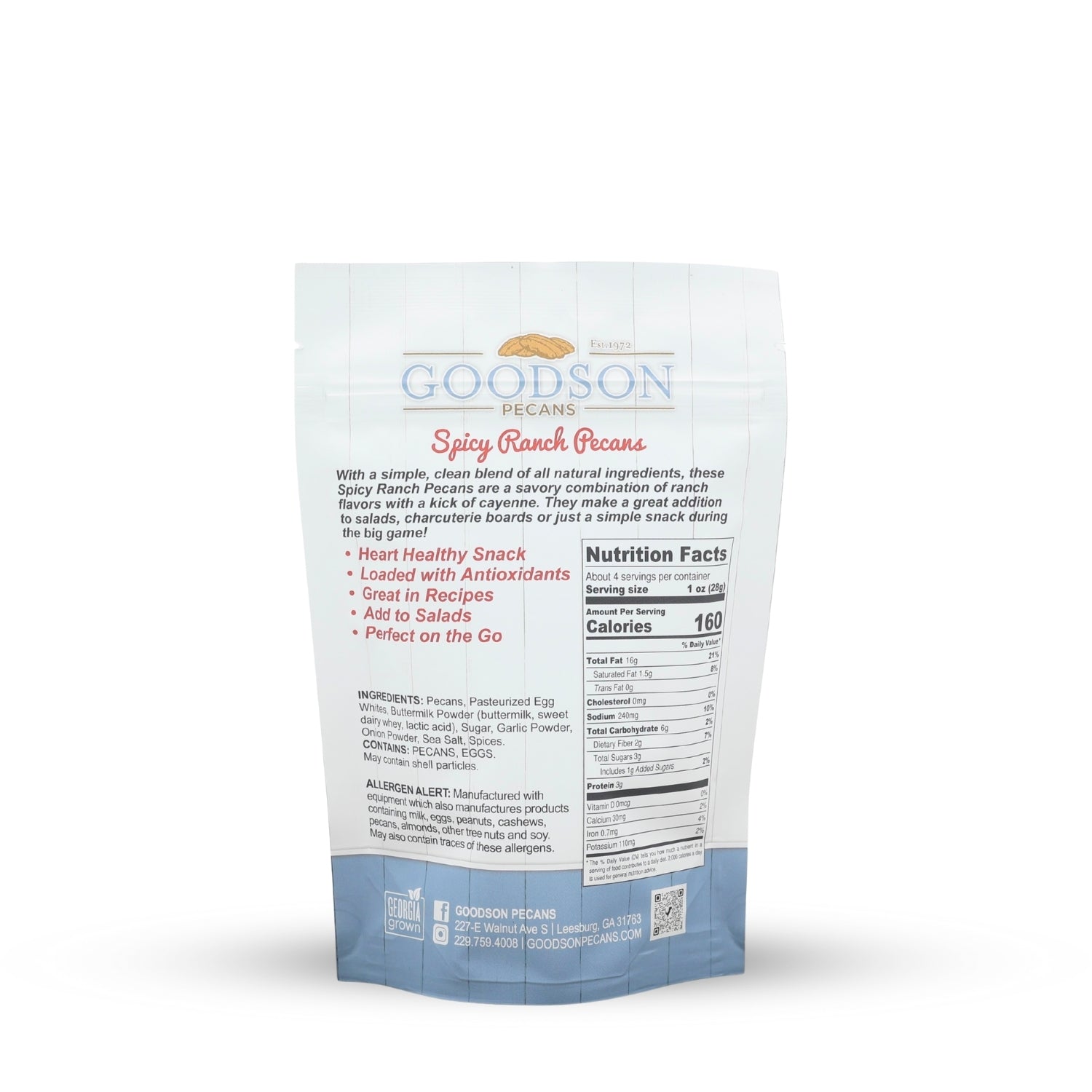 Goodson Pecans Spicy Ranch Pecans 3.75oz packaging with nutritional information on a white background