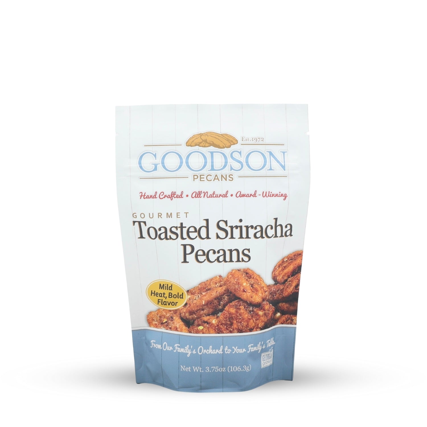 Goodson Pecans toasted sriracha pecans 3.75oz packaging on a white background