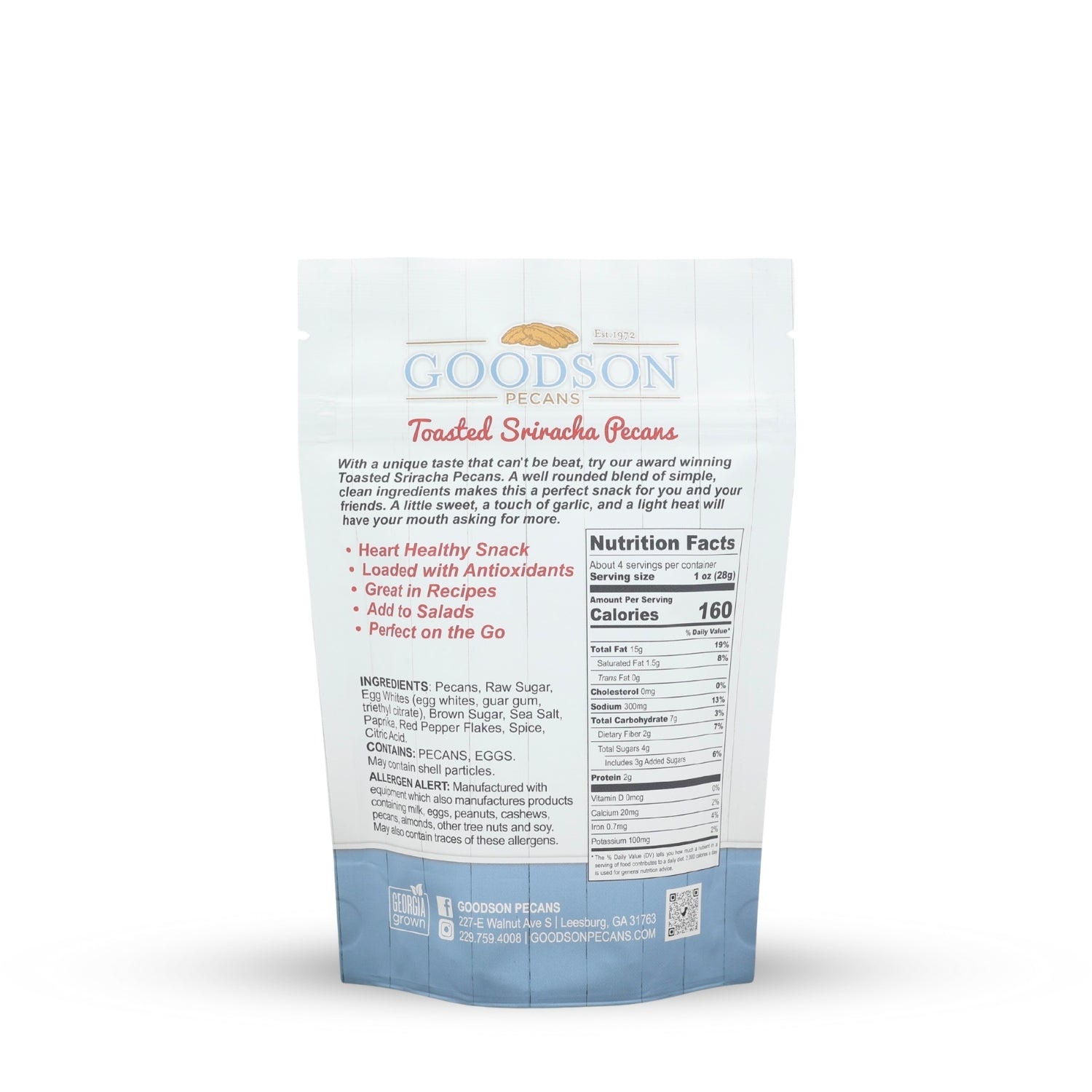 Goodson Pecans Toasted Sriracha 3.75oz packaging with nutritional information on a white background