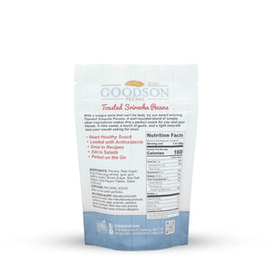 Goodson Pecans Toasted Sriracha 3.75oz packaging with nutritional information on a white background
