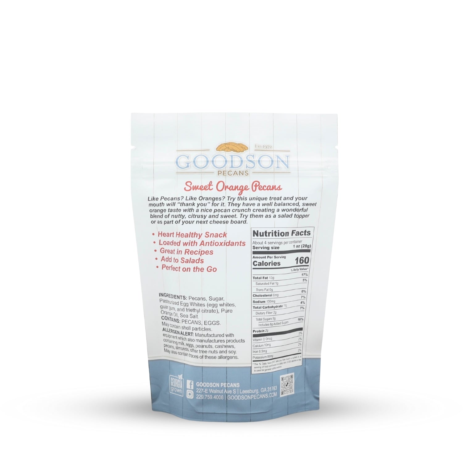 Goodson Pecans 3.75oz packaging with nutritional information on a white background