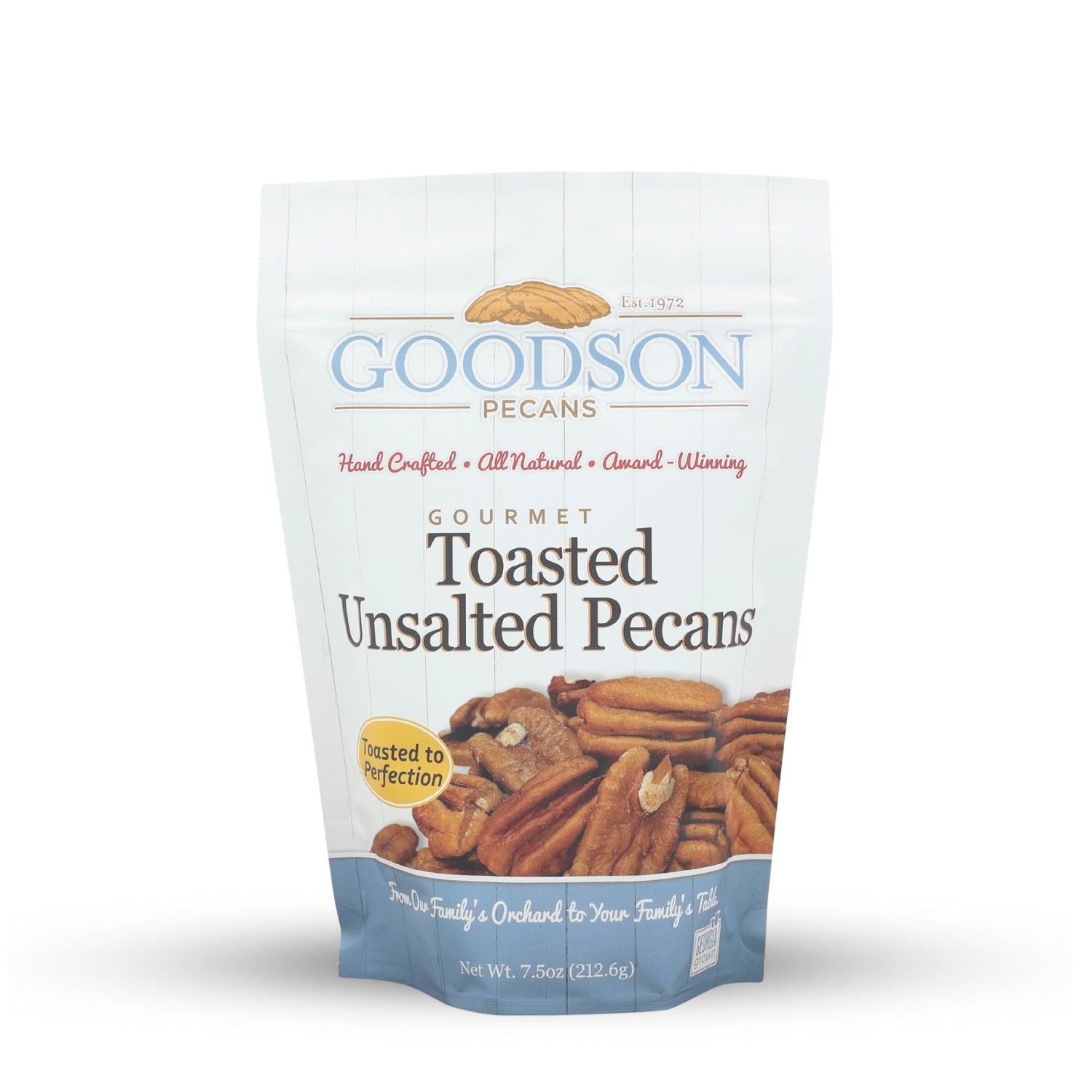 Goodson Pecans toasted unsalted pecans 7.5oz packaging on a white background