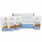 Goodson pecan packages with a blue and white striped box on a white background