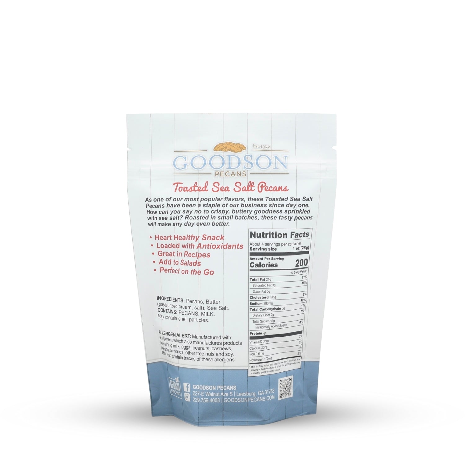 Goodson Pecans toasted sea salt pecans 3.75oz packaging with nutritional information on a white background